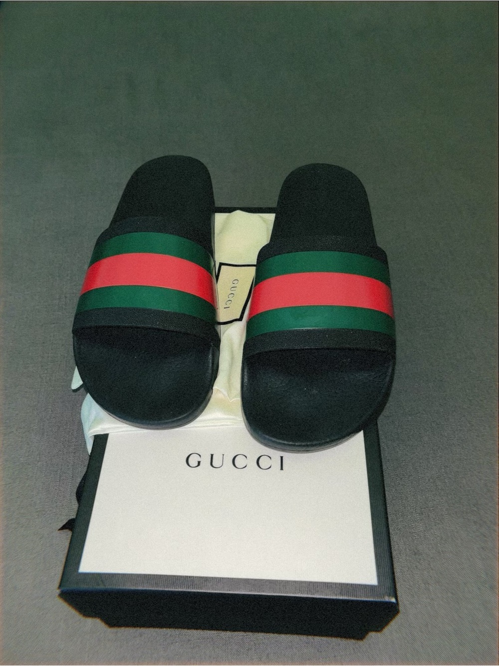 Gucci Black Slides with Green and Red Web Stripe